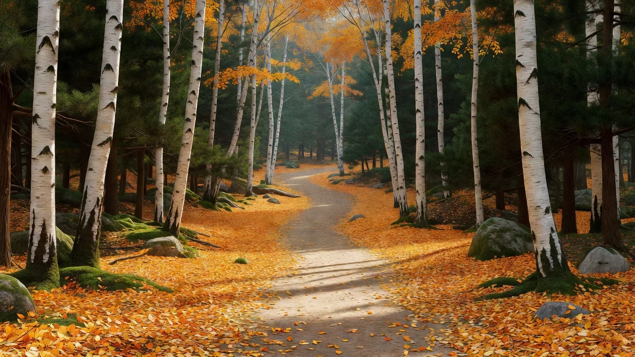 Autumn birch leaf covered trail