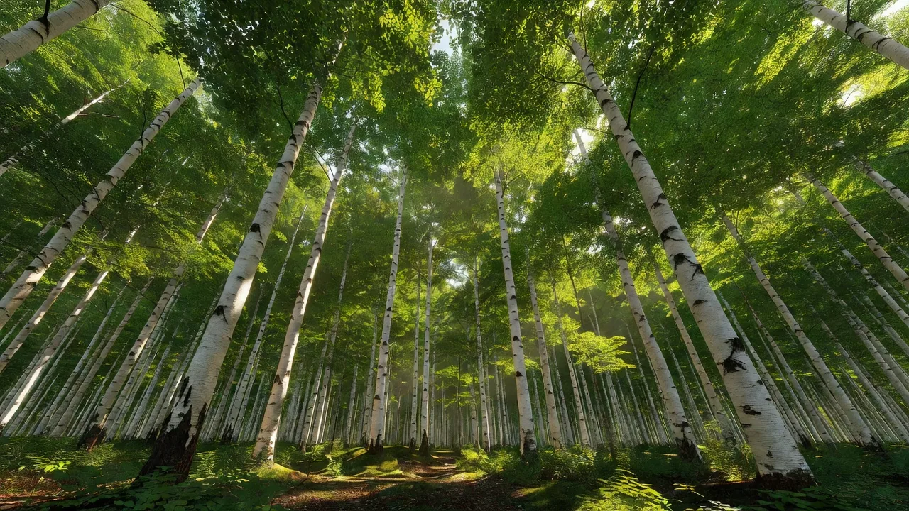 Birch canopy looking up into golden leaves