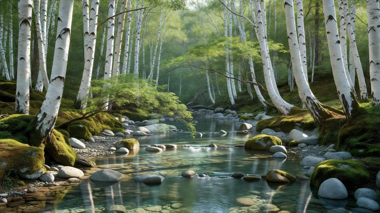 Clear mountain stream through Japanese birch grove
