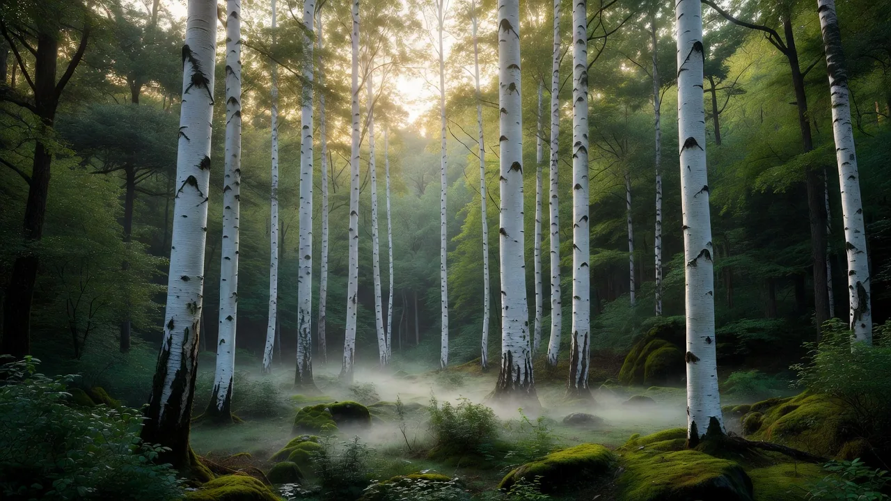 Dawn mist in a tall birch clearing