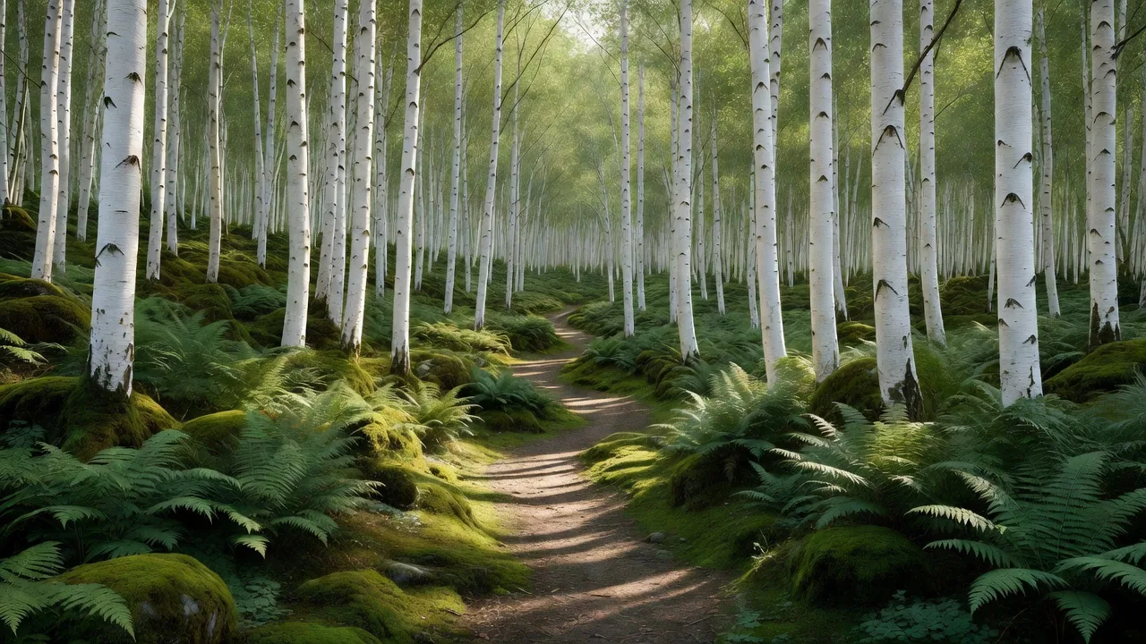 Fern-lined birch trail in dappled sunlight