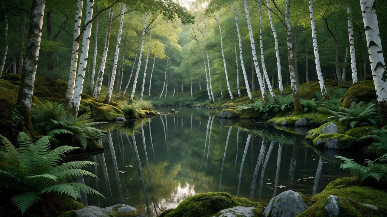 Forest pond reflecting white birch trees