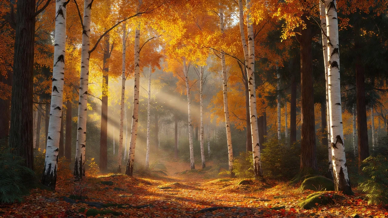 Golden hour in autumn birch forest