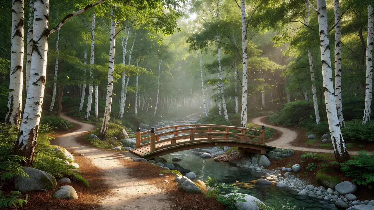 白樺の森のトレイルと朝の橋