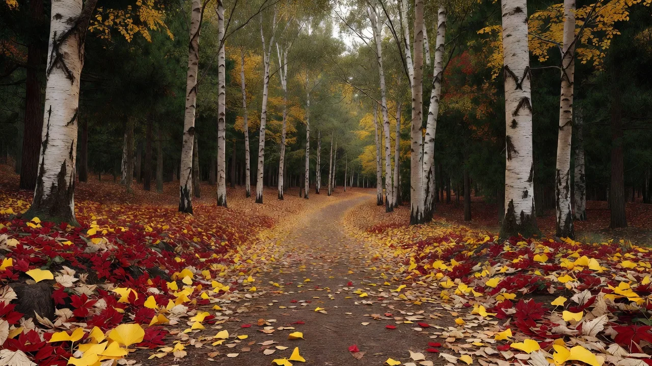 晩秋の紅葉の白樺トレイル
