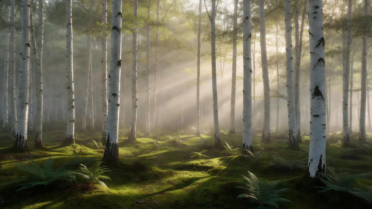 Misty birch woodland with golden sunlight rays