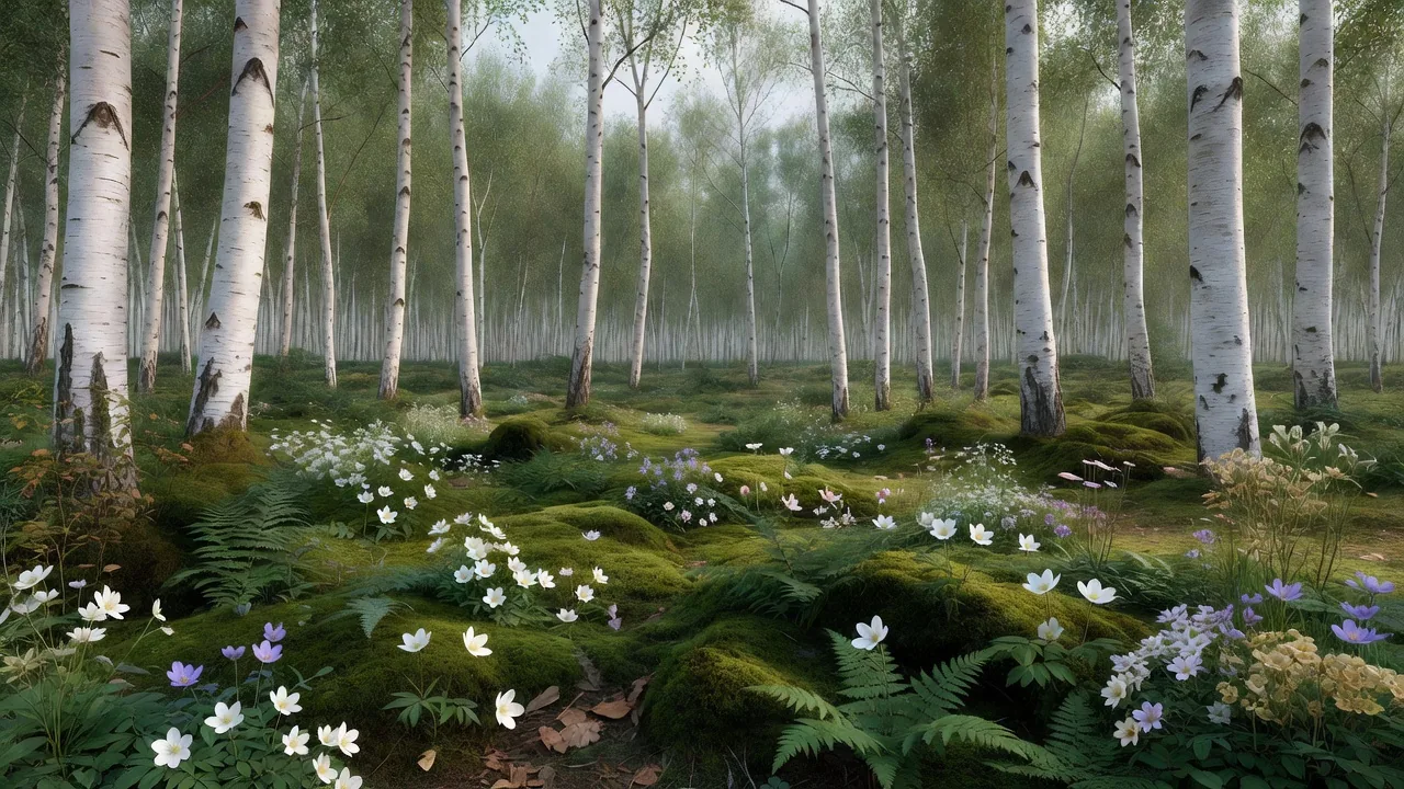 白樺の木の根元の野草