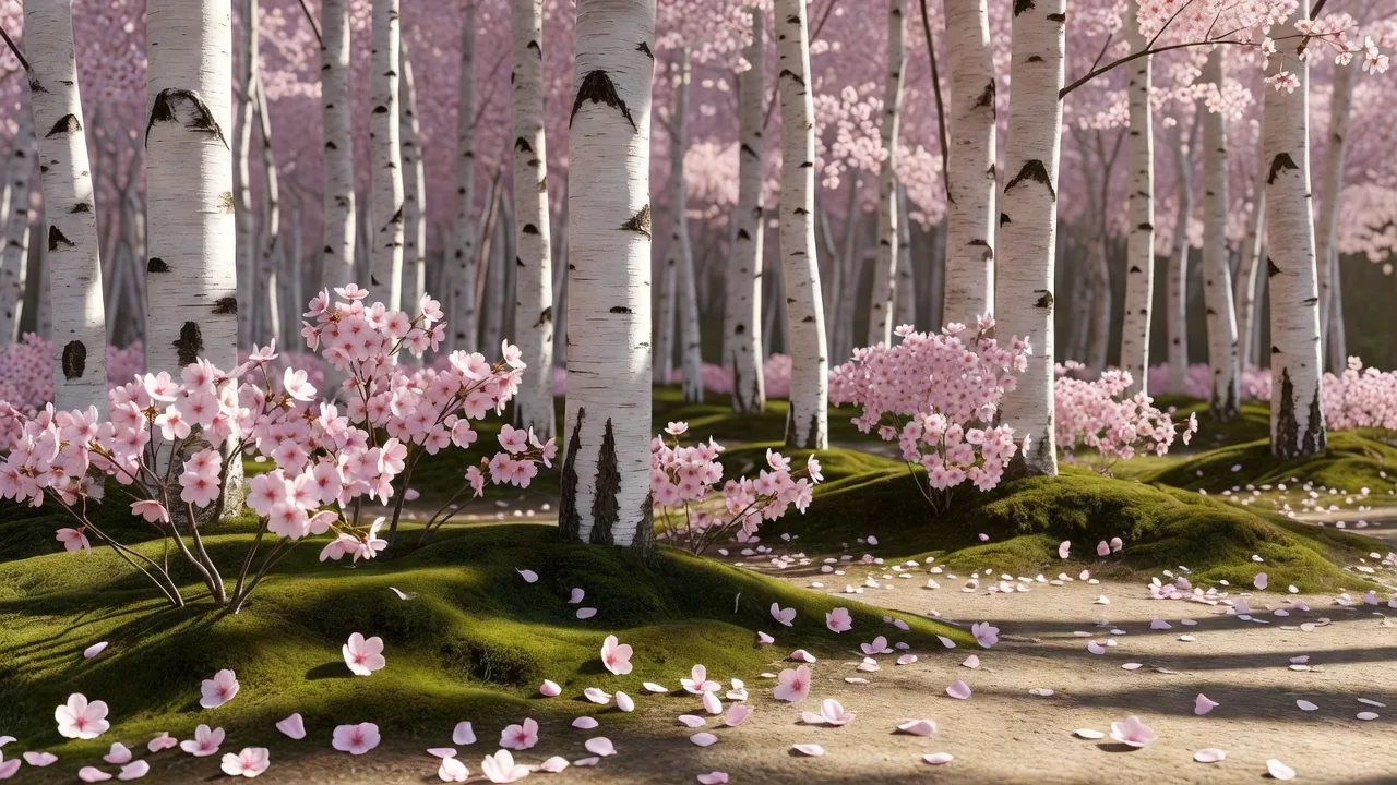 春の桜と白樺の林
