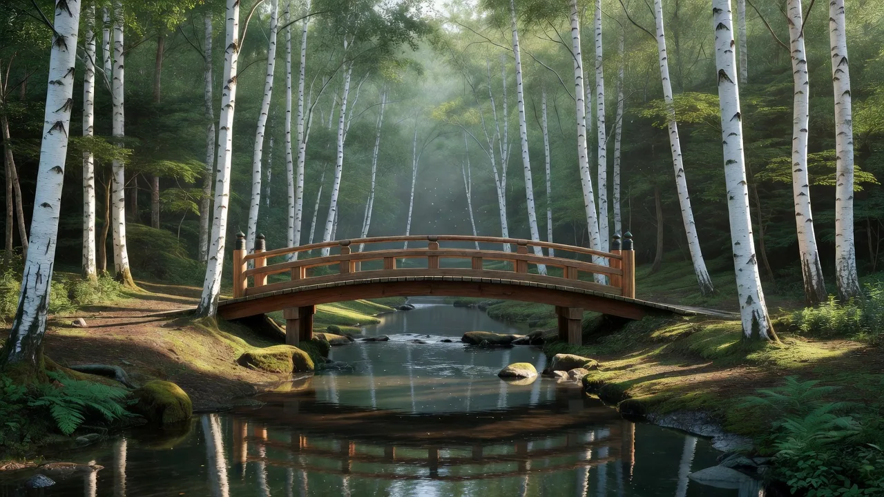 森の渓流の木橋