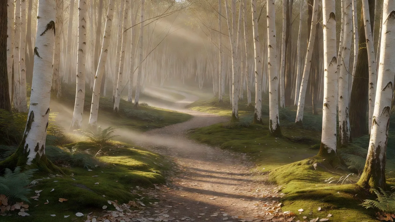 Winding trail through birch forest at morning