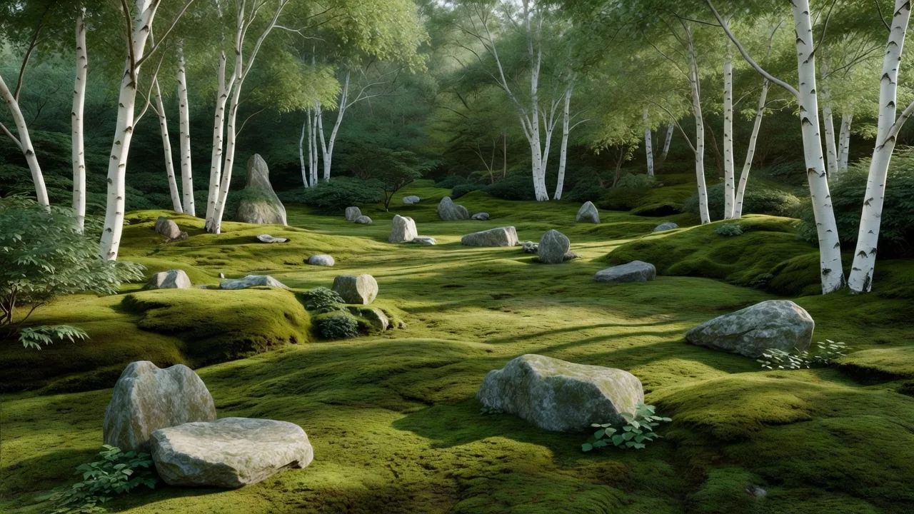 Woodland moss garden among birch trees